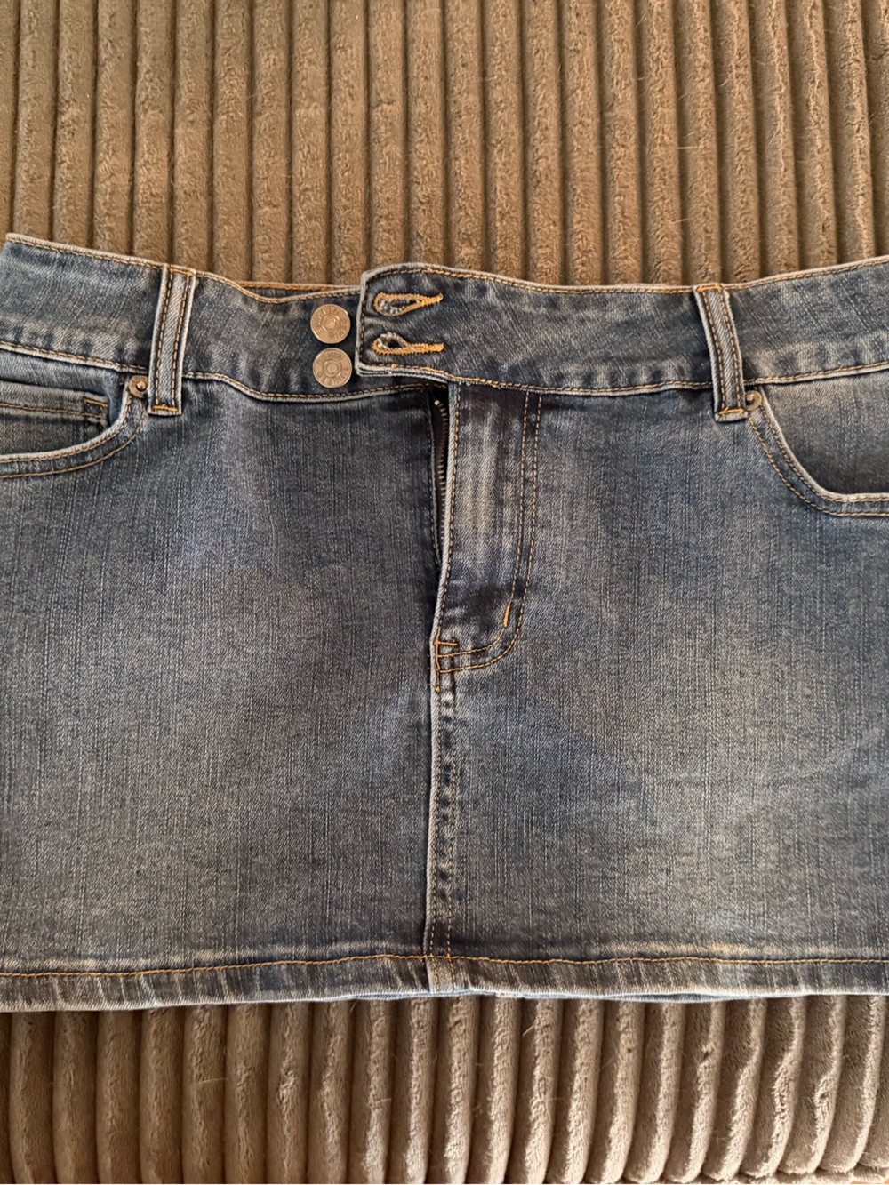 Edikted Light Blue Denim Mini Skirt with Double Button Waist